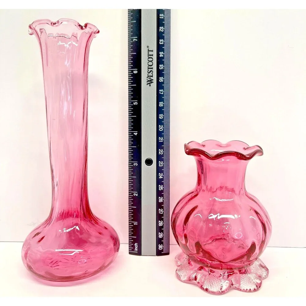 Vintage Cranberry Art Glass Vase Pair – Ruffled Rim Bud Vases, Hand Blown Pink